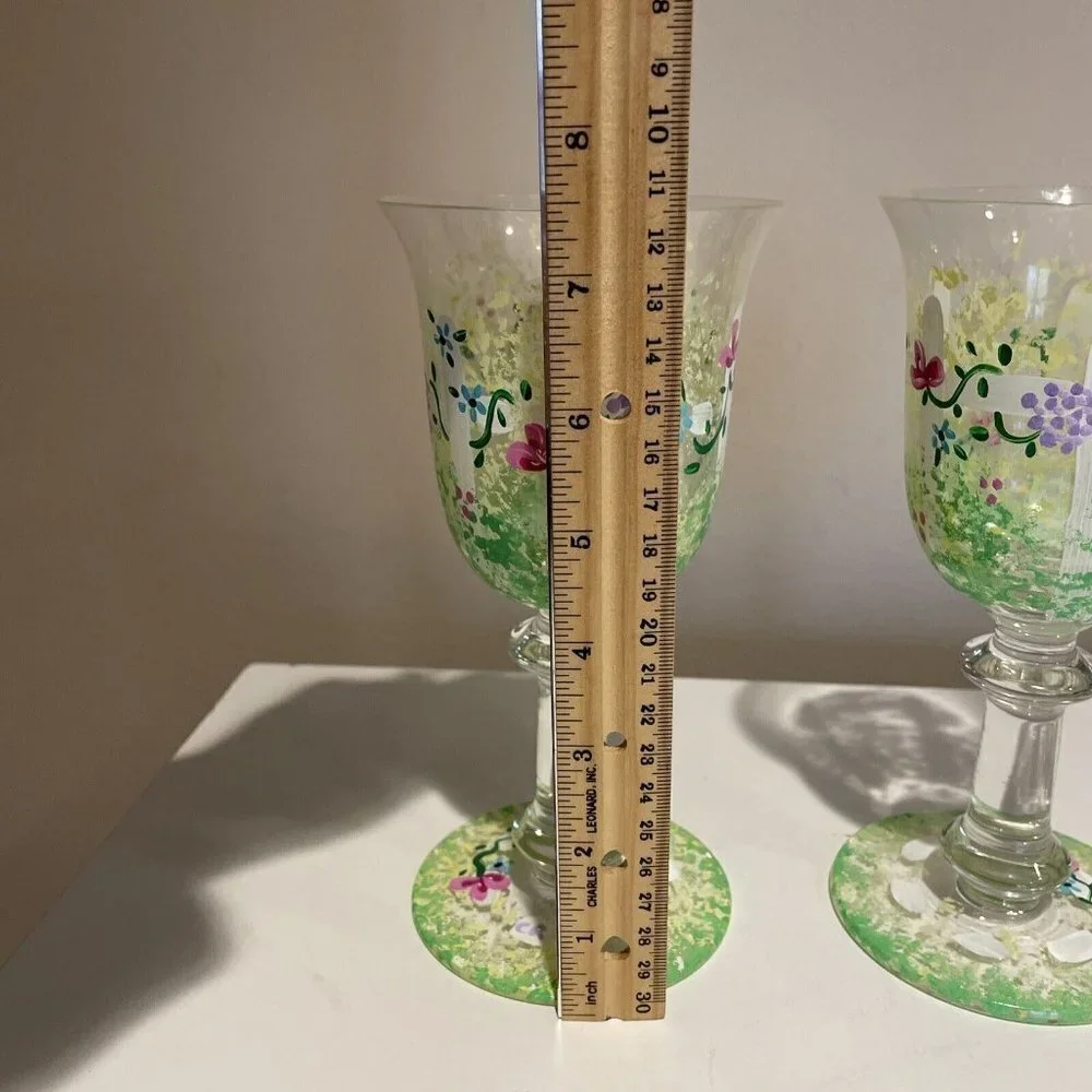 Art Glass Stemmed Goblets Wine or Water Glasses Hand Painted Flowers Signed 